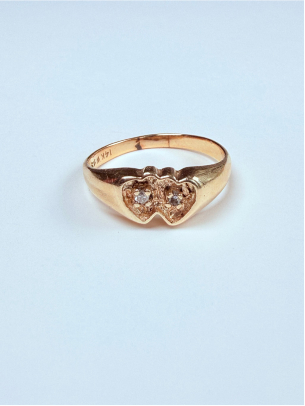 14K Solid Yellow Gold Dual Hearts Genuine Diamonds Antique Vintage Ring